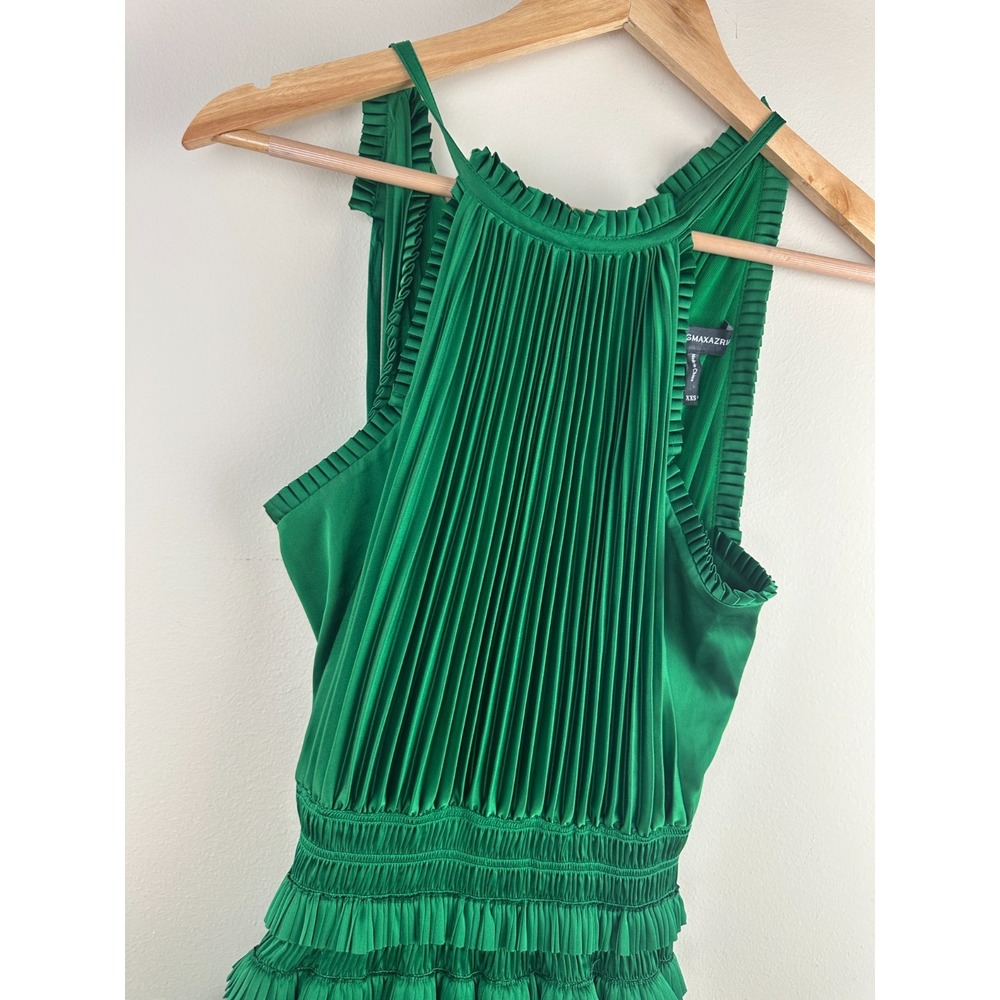 BCBGMAXAZRIA Emerald Green Satin Plisse High-Neck Maxi Dress XXS Pleated Elegant - Picture 5 of 16